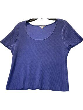Bar III Womens XL Worldly Blue Ottoman Ribbed Short Sleeve Top